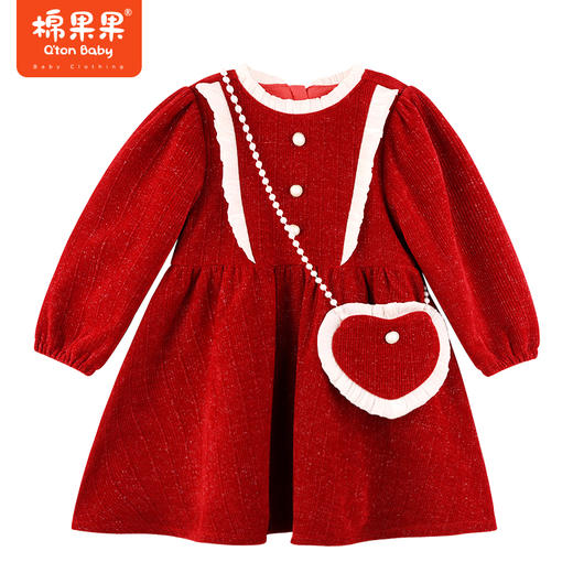 棉果果春季新品中国红雪尼尔女童连衣裙M522700423653 商品图1