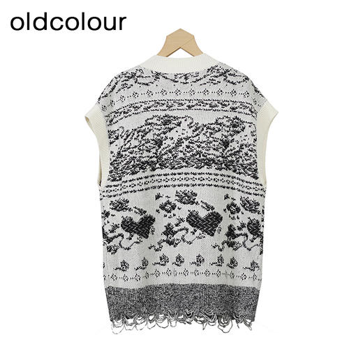 oldcolour复古V领背心秋季新款气质毛边套头针织衫女O34051428 商品图1