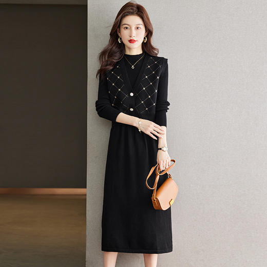 针织马甲配连衣裙两件套，洋气质毛衣裙子套装CC-22-8283 商品图1