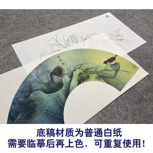 【大彩图】李晓明工笔画白描底稿扇面小品《荷花》临摹勾线花鸟线稿K074 商品图3