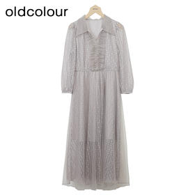 oldcolour网纱长袖连衣裙秋季新款高腰气质泡泡袖长裙女O32103270