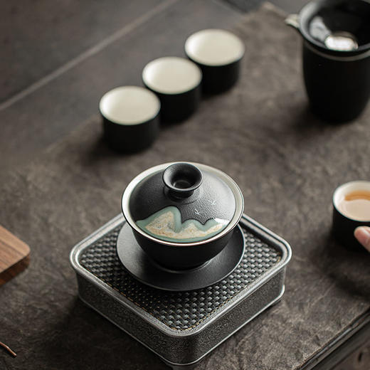 「禅风黑陶！山川之美」黑陶纯手绘三才盖碗 防烫手敬茶碗家用复古陶瓷功夫茶具泡茶碗餐饮用具 商品图1