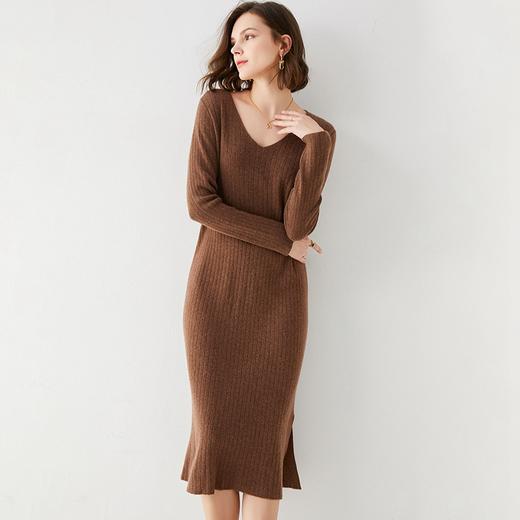 Avann纯羊毛V领-木耳边长裙羊毛女 新款洋气针织裙 商品图2