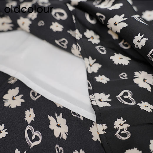 oldcolour黑色碎花连衣裙秋季新款高腰显瘦方领长裙女GO31102842 商品图4