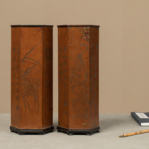 清 红木贴簧六角诗文帽筒（一对） 商品图0