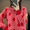 QHJY-JY897复古提花撞色羊毛衫女红色23秋冬套头半高领菱格羊毛打底针织毛衣 商品缩略图4