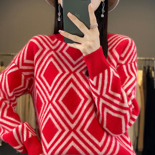 QHJY-JY897复古提花撞色羊毛衫女红色23秋冬套头半高领菱格羊毛打底针织毛衣 商品图4