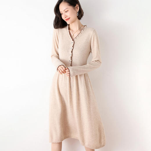 Avann纯羊毛V领-木耳边长裙羊毛女 新款洋气针织裙 商品图14