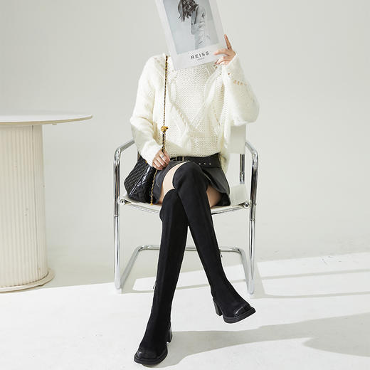 西遇超长过膝靴女新款秋冬显瘦弹力绒面长筒靴粗跟厚底长靴子D0034379 商品图2