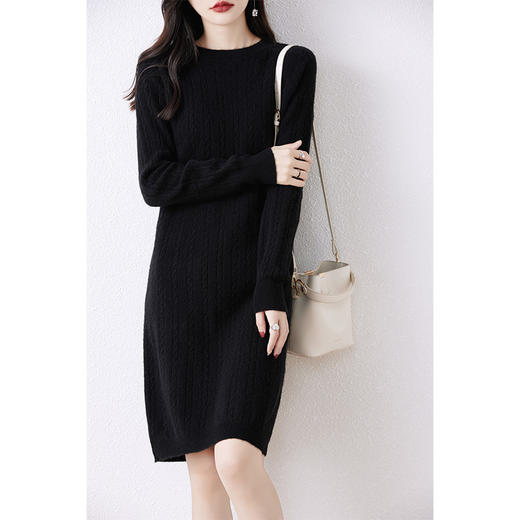 QHJY-JY872羊毛衫中长款毛衣裙 秋冬新款提花圆领麻花长袖打底衫女毛衣 商品图7