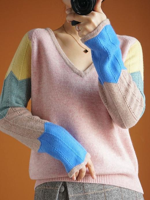 QHJY-JY807撞色羊毛衫女V领 23秋冬新款女装V领套头拼接彩色保暖针织毛衣女 商品图3