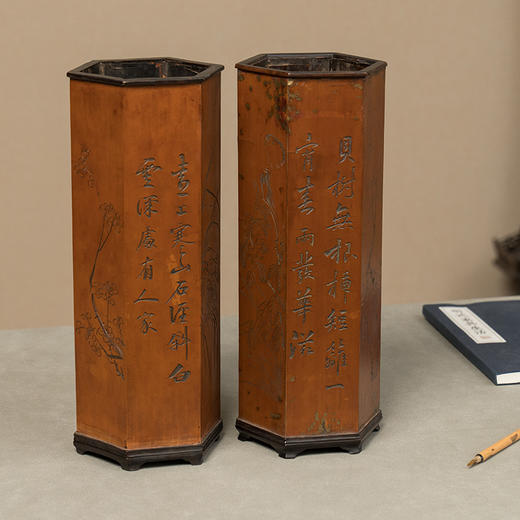 清 红木贴簧六角诗文帽筒（一对） 商品图4