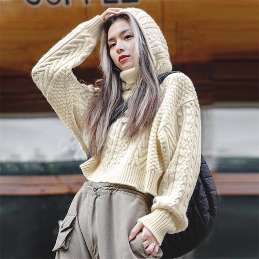 马登女装 美式复古连帽毛衣秋冬外穿短款设计感堆堆帽针织衫女 商品图0