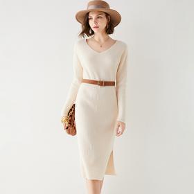 Avann纯羊毛V领-木耳边长裙羊毛女 新款洋气针织裙