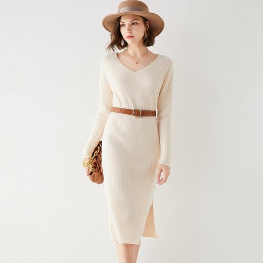 Avann纯羊毛V领-木耳边长裙羊毛女 新款洋气针织裙 商品图0