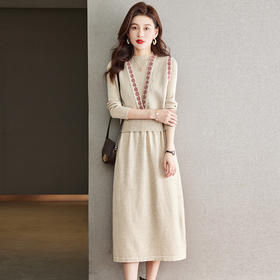 气质收腰修身针织连衣裙，马甲配毛衣裙子两件套CC-22-8285