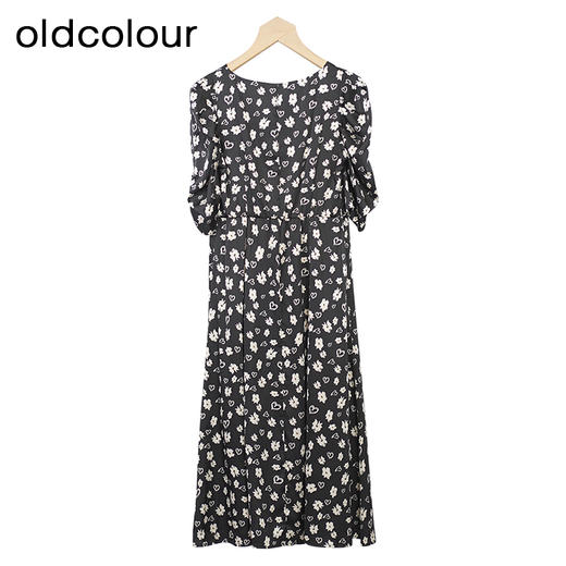 oldcolour黑色碎花连衣裙秋季新款高腰显瘦方领长裙女GO31102842 商品图1