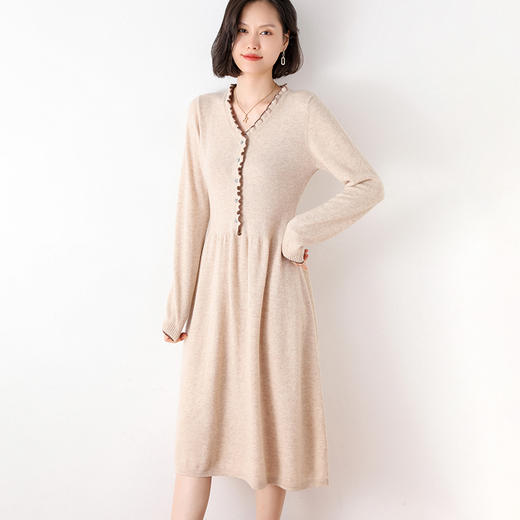 Avann纯羊毛V领-木耳边长裙羊毛女 新款洋气针织裙 商品图10