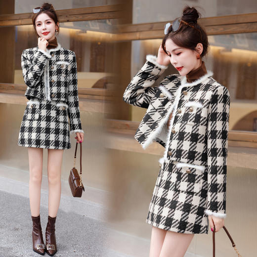 秋冬新款，气质千鸟格拼接貂毛白鸭绒两件套HR-YJLY8067 商品图3