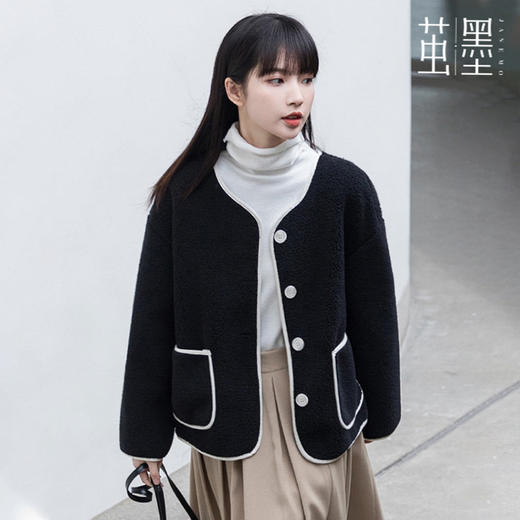 茧墨 撞色小香风仿羊羔绒外套 商品图2