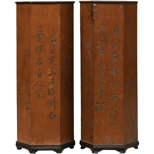 清 红木贴簧六角诗文帽筒（一对） 商品图5