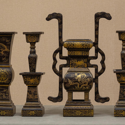 清代 黑漆描金龙纹五贡摆件 商品图1