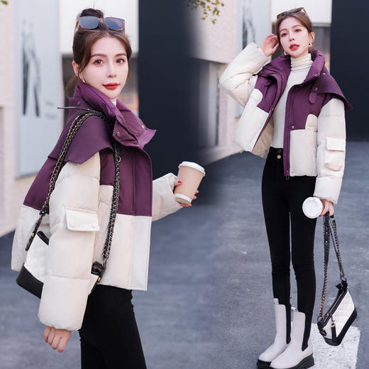 冬装新款，小个子撞色拼接羽绒服（毛线披肩可拆卸）HR-YJLY8065 商品图3