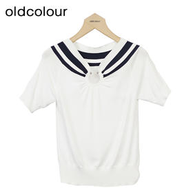 oldcolour撞色短袖针织衫秋季新款休闲海军领套头衫女GO31052853