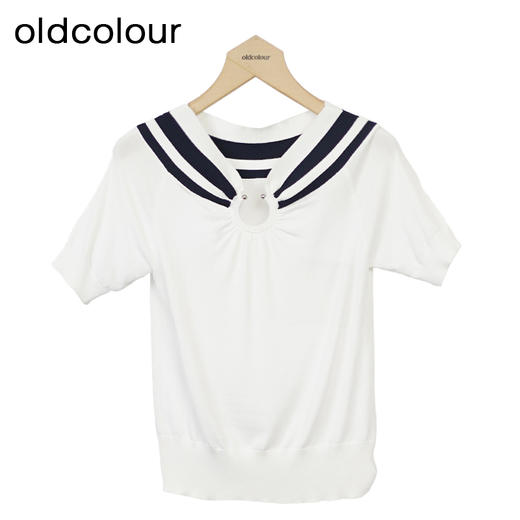 oldcolour撞色短袖针织衫秋季新款休闲海军领套头衫女GO31052853 商品图0