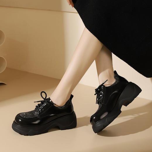 23年秋冬新款欧美风牛仔拼接系带乐福鞋超轻厚底JK制服鞋T23CM34401 商品图1