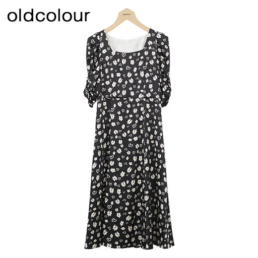 oldcolour黑色碎花连衣裙秋季新款高腰显瘦方领长裙女GO31102842 商品图0