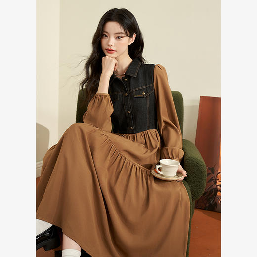 美拉德牛仔拼接长款连衣裙秋冬新款个性休闲假两件连衣裙V0032861 商品图0