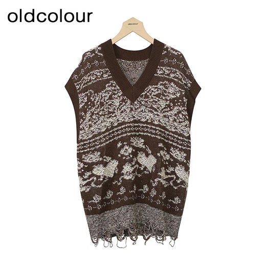 oldcolour复古V领背心秋季新款气质毛边套头针织衫女O34051428 商品图2