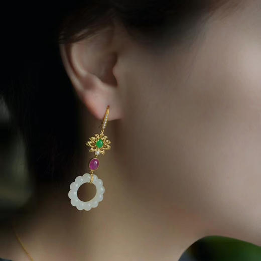 龢盒原创 和田白玉连珠环翡翠红宝石耳坠耳环 商品图3