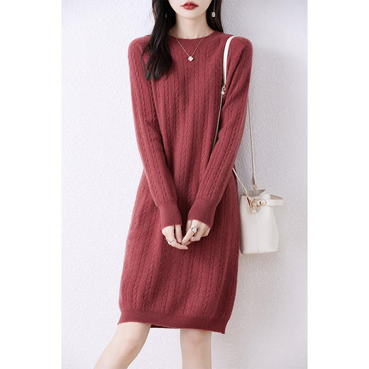 QHJY-JY872羊毛衫中长款毛衣裙 秋冬新款提花圆领麻花长袖打底衫女毛衣 商品图0