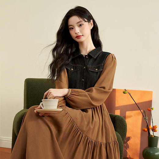 美拉德牛仔拼接长款连衣裙秋冬新款个性休闲假两件连衣裙V0032861 商品图2