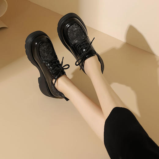 23年秋冬新款欧美风牛仔拼接系带乐福鞋超轻厚底JK制服鞋T23CM34401 商品图0