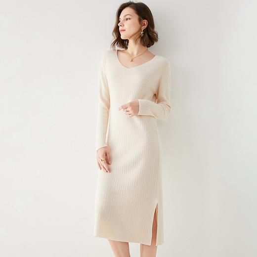 Avann纯羊毛V领-木耳边长裙羊毛女 新款洋气针织裙 商品图1