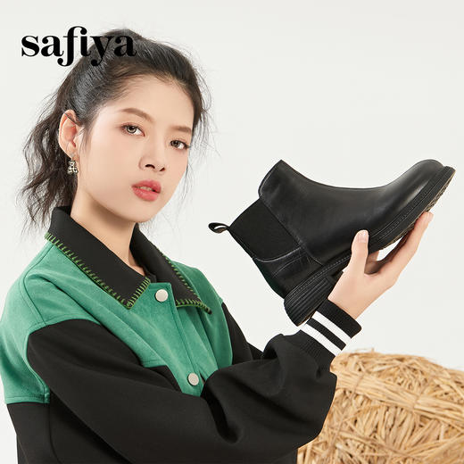 Safiya/索菲娅2023冬季新品复古擦色真皮粗跟及踝切尔西软底短靴 SF34116043/SF34118043 商品图2