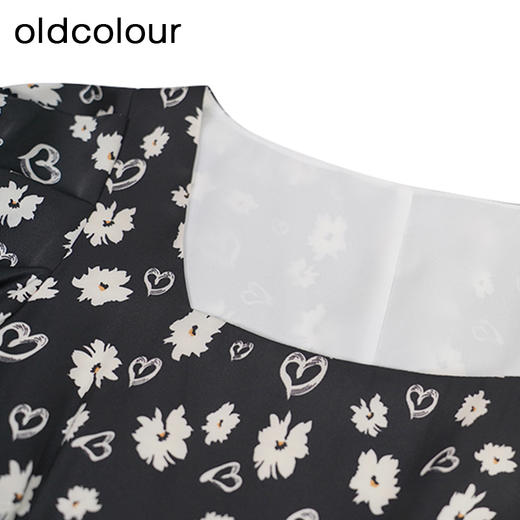 oldcolour黑色碎花连衣裙秋季新款高腰显瘦方领长裙女GO31102842 商品图3