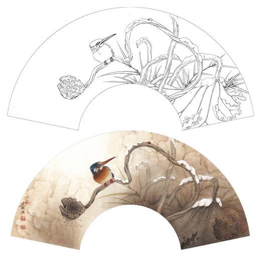 【大彩图】李晓明工笔画白描底稿扇面小品《荷花》临摹勾线花鸟线稿K075 商品图0