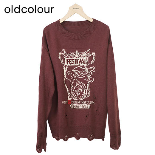 oldcolour复古针织套头衫秋季新款印花圆领长袖毛衣女O34052432 商品图0