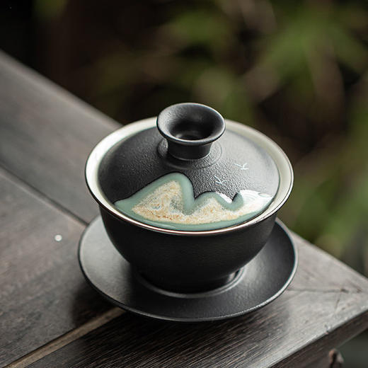 「禅风黑陶！山川之美」黑陶纯手绘三才盖碗 防烫手敬茶碗家用复古陶瓷功夫茶具泡茶碗餐饮用具 商品图2
