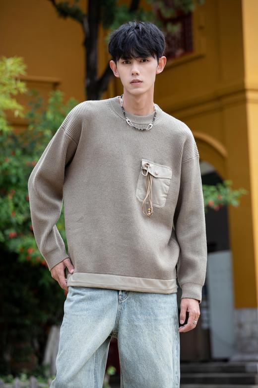 W332843188拼接圆领套头针织衫 商品图0