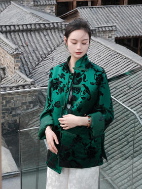 盛唐牡丹 |真丝漳绒祖母绿对襟外套