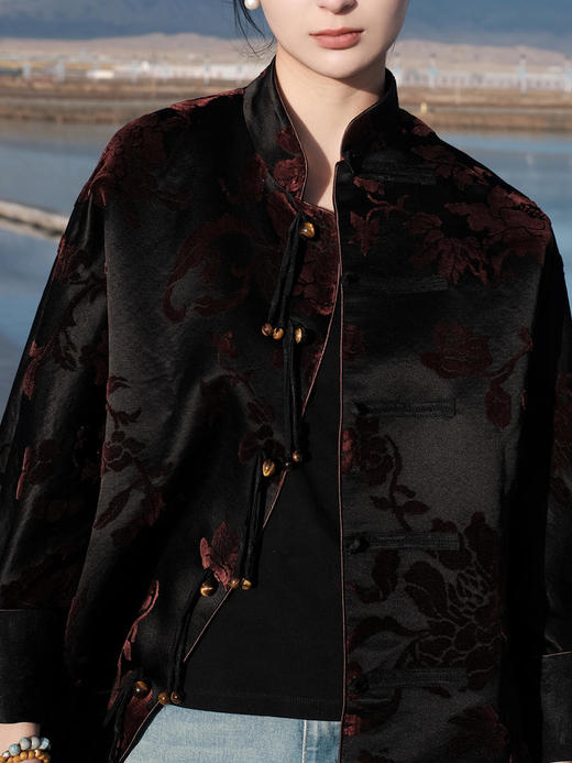 盛唐牡丹|酱色抽象牡丹漳绒外套 商品图3
