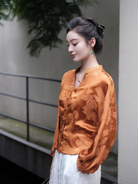 盛唐牡丹 |真丝冠乐绉焦糖色对襟上衣