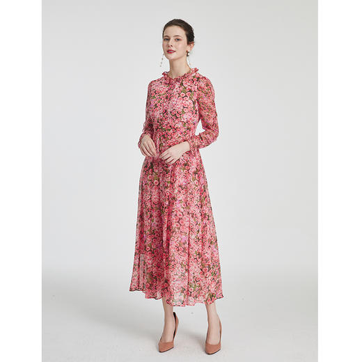 司歌雪纺印花长袖连衣裙圆领修身飘逸气质A881095 商品图4