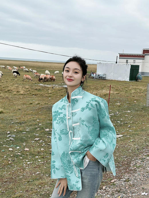 盛唐牡丹 |Tiffany蓝抽象牡丹漳绒外套 商品图2