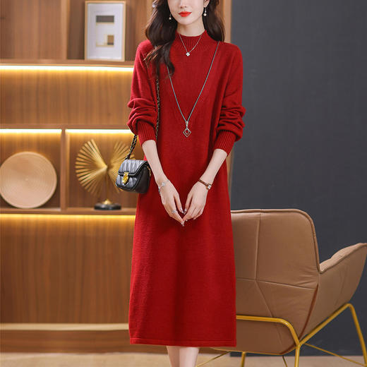 秋冬配大衣的内搭毛衣裙，半高领打底裙长款过膝中长款针织连衣裙CC-101-52379 商品图1